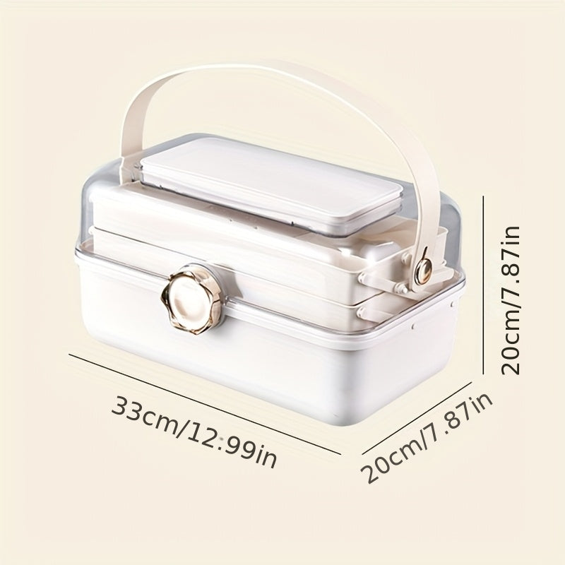 Large Capacity Makeup Organizer Box with Mirror - Multi-Layer Dust-Proof Cosmetic Case with Lock, Beige & White for Travel & Home Storage