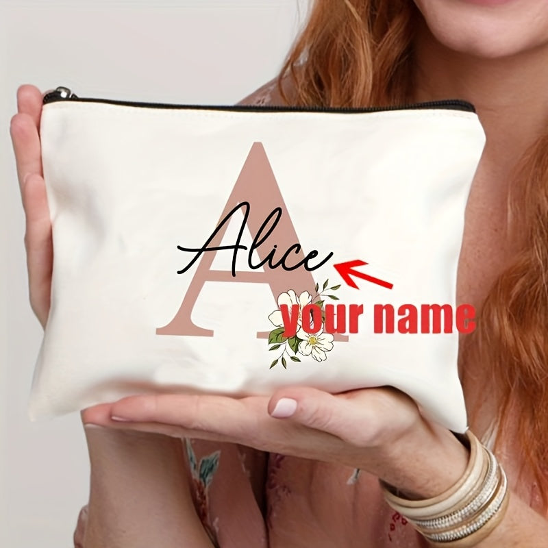 Customizable Floral Makeup Bag - Foldable Polyester Cosmetic Pouch for Travel, Zippered Toiletry Organizer, Machine Washable, Ideal Bachelorette Gift