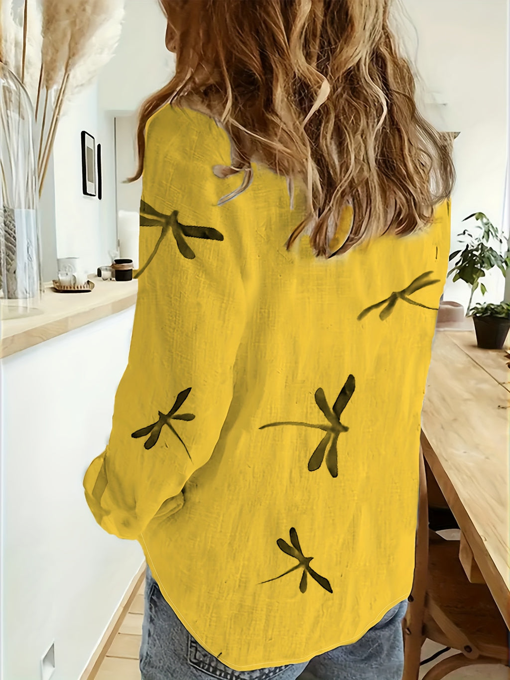Women's Loose Fit Dragonfly Print Shirt - Lightweight Breathable Lapel Collar Blouse for Summer