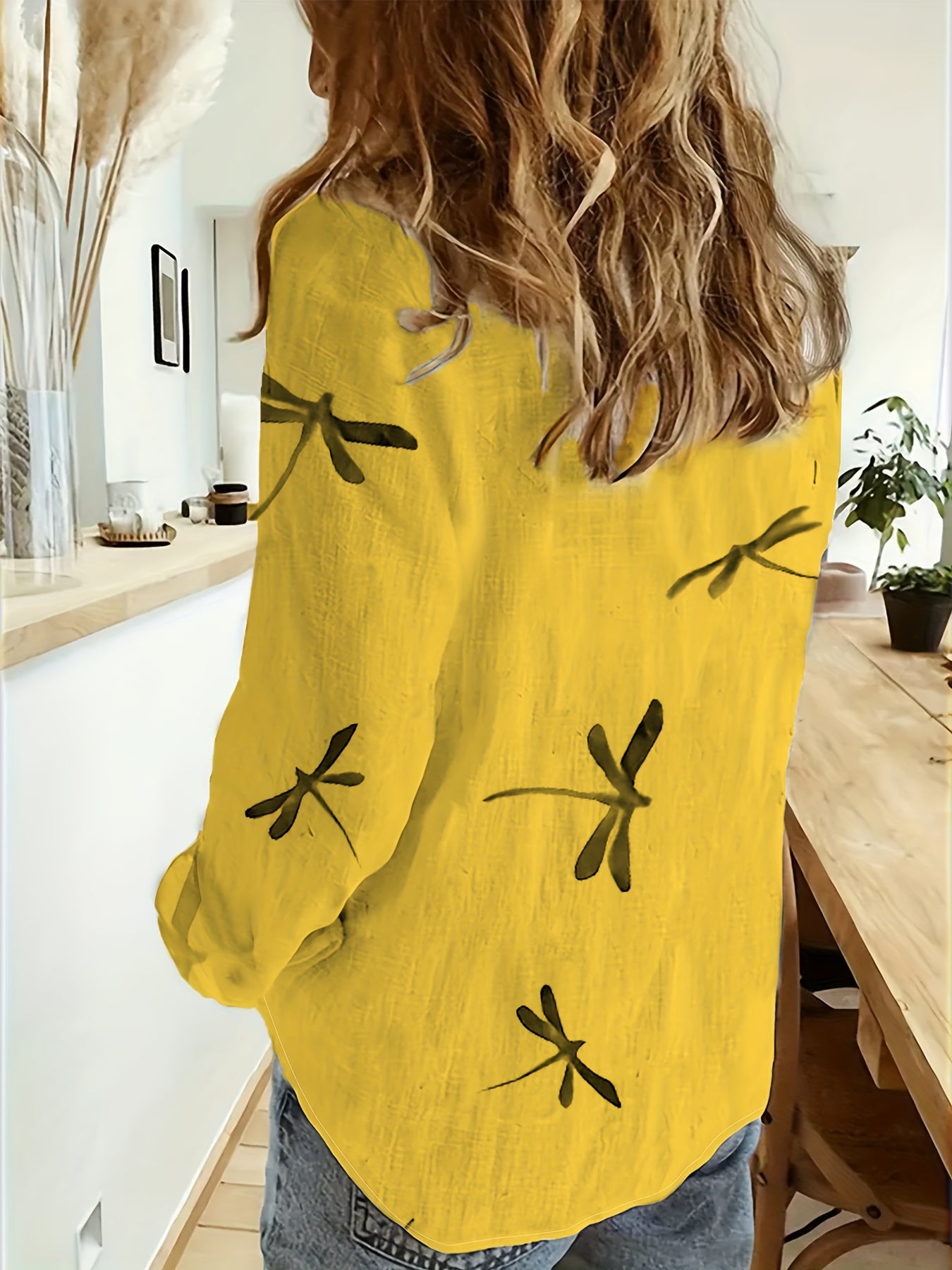 Women's Loose Fit Dragonfly Print Shirt - Lightweight Breathable Lapel Collar Blouse for Summer