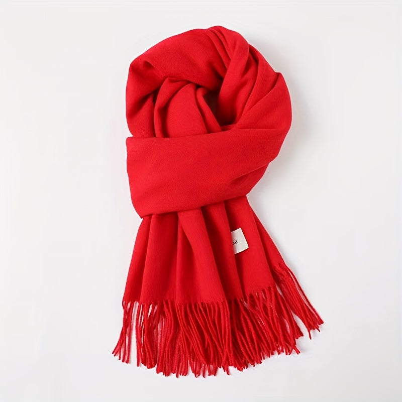 Solid Color Tassel Scarf with Fringe - Lightweight Polyester Shawl for Women