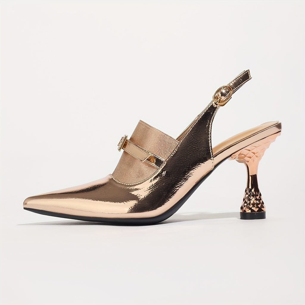 Women's Gold Pointed-Toe Stiletto Heels with Ankle Strap – High Heel Dress Shoes, Rubber Sole