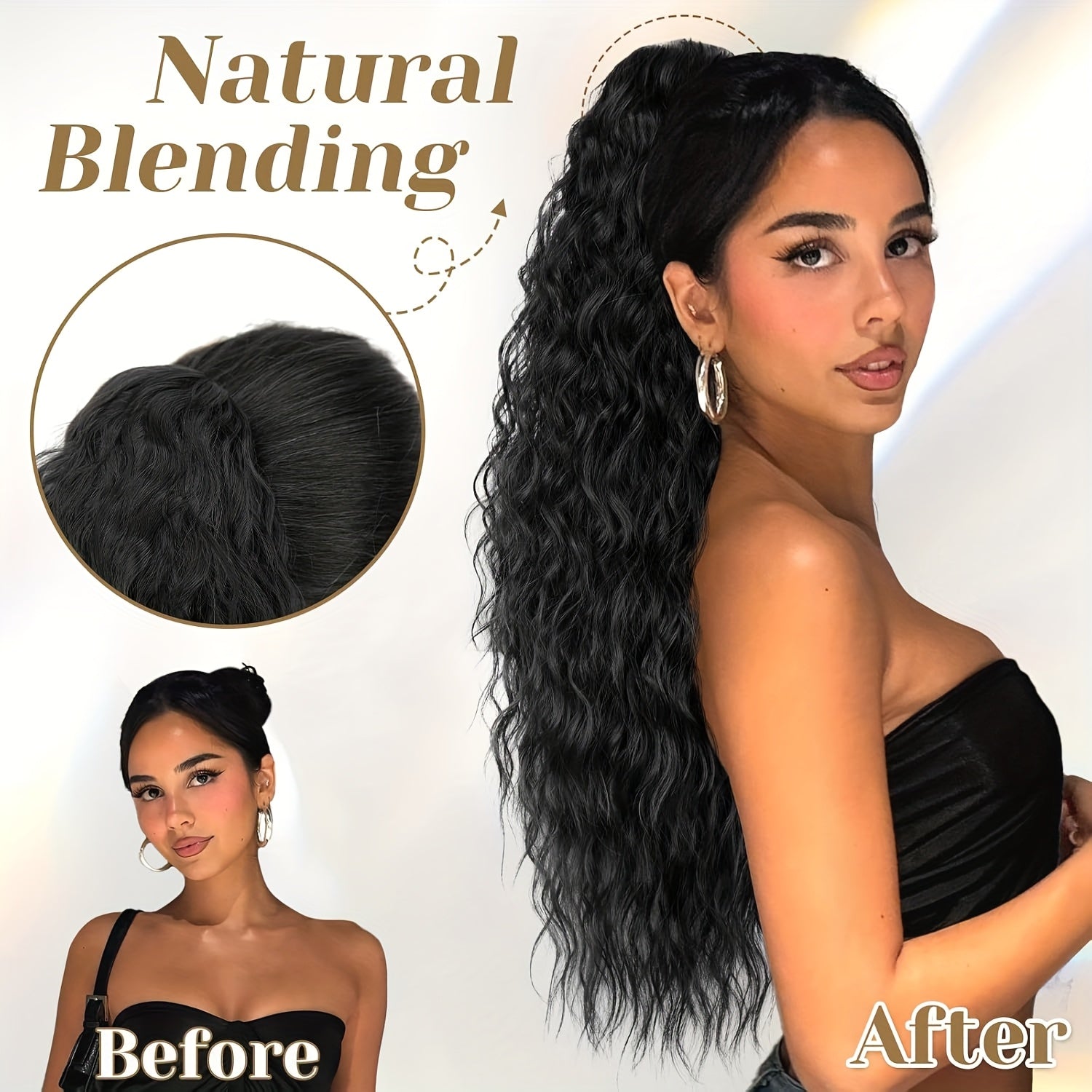 Women's Water Wave Clip-In Ponytail Extension — Long Afro Curly Fluffy Drawstring & Clip-On Synthetic Hair for Volume & Length