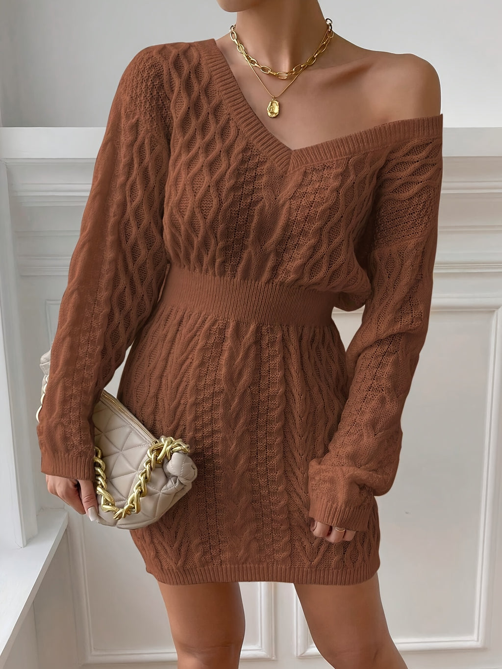 Women's Beige V-Neck Long Sleeve Sweater Dress – Stretch Knit, Form-Fitting Office-to-Party
