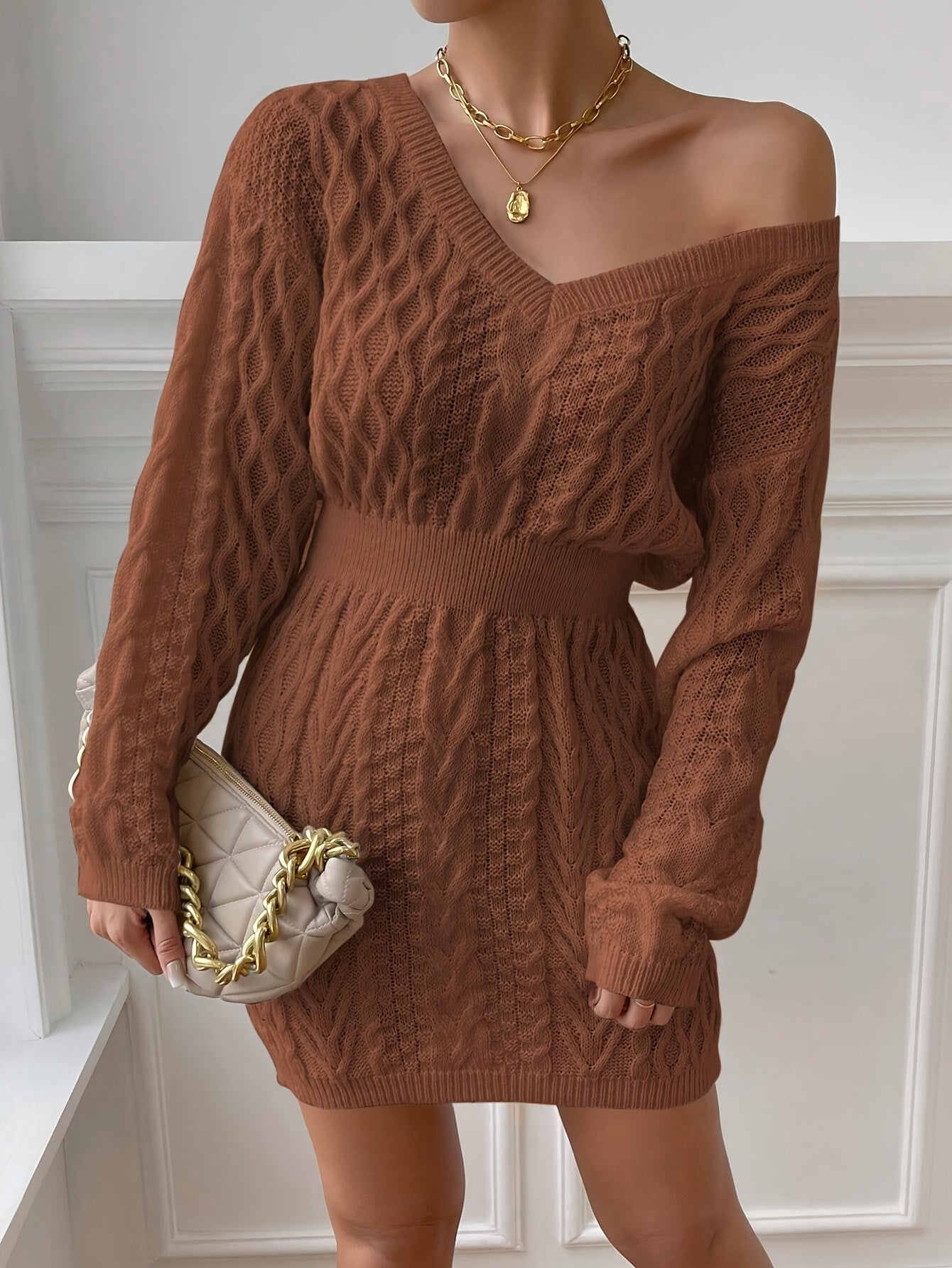 Women's Beige V-Neck Long Sleeve Sweater Dress – Stretch Knit, Form-Fitting Office-to-Party