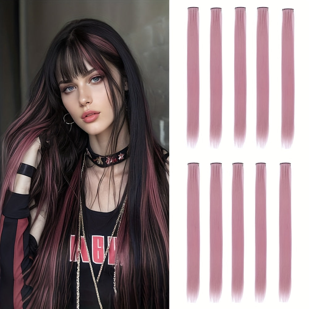 10-Pack 18-Inch (45 cm) Clip-In Hair Extensions — Straight Multicolor Highlights, Heat-Resistant Synthetic Clip-On Strands