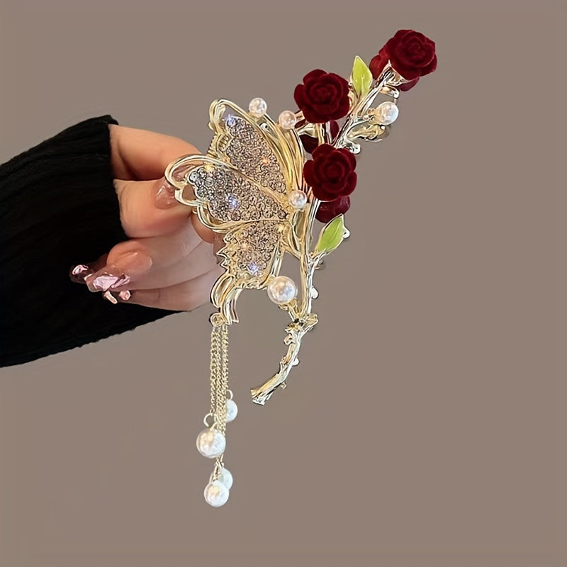 Vintage Butterfly Hair Clip with Faux Pearls & Rhinestones, Red & Gold Tassel Hair Accessory for Women