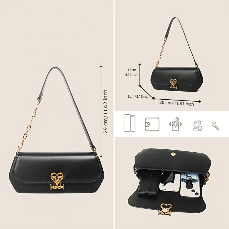 SMILE FOCUS Women's Underarm Baguette Bag - Gold-Tone Chain Strap, Magnetic Closure, PU Leather Shoulder Purse (Black/Tan)