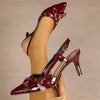 Women's Red Pointed-Toe Stiletto Pumps with Gold Buckle Cross Ankle Strap