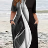 Plus Size Oversized Black & White Vertical Stripe A-Line Tunic Dress with Pockets - Short Sleeve Round Neck, Machine Washable