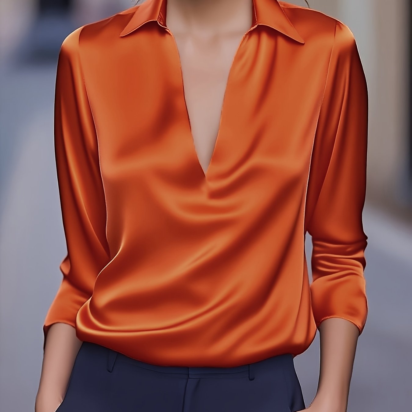 Silvery Satin V-Neck Blouse for Women, Long Sleeve Button-Front Satin Shirt, Elegant Smooth Finish