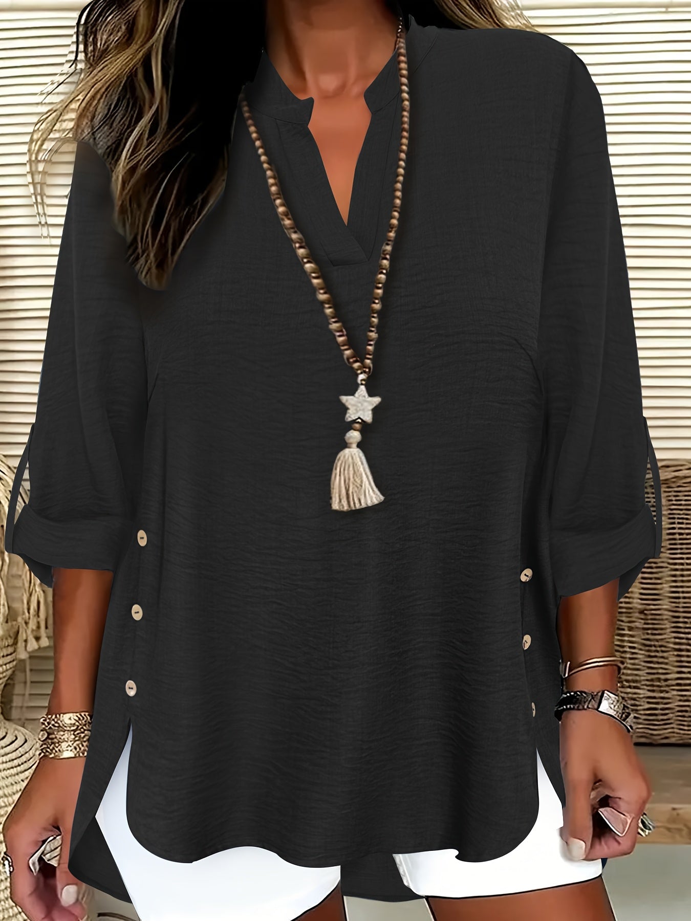 Plus Size Faux Denim Blouse with Decorative Buttons & Tassel Knot Front High-Low Hem Spring/Summer Polyester Blend