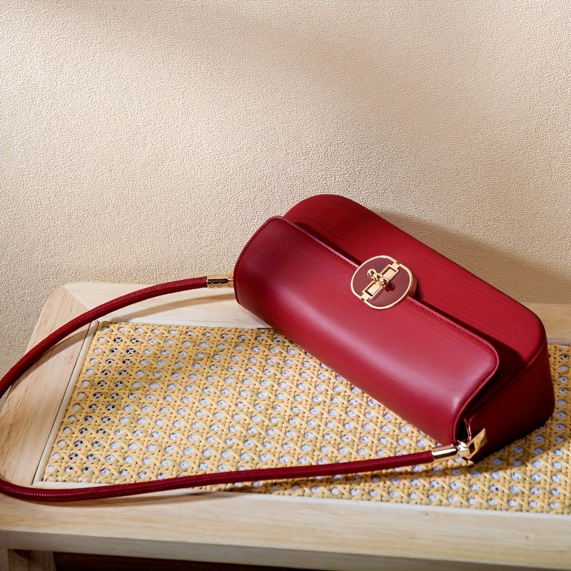 Women's French Baguette Shoulder Bag – PU Leather Baguette Purse with Gold Hardware, Compact Underarm Handbag (Burgundy / Dark Brown)