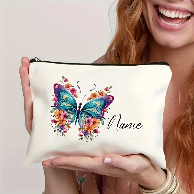 Personalized Women's Makeup Bag – Custom Cursive Name Cosmetic Pouch with Floral Butterfly Print, Creamy Beige Zippered Travel Organizer