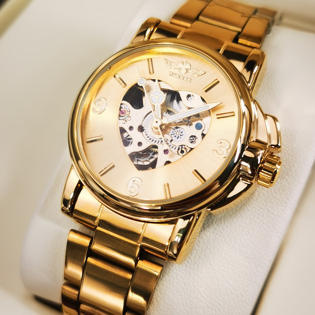 T-WINNER Women's Automatic Mechanical Watch – Luxury Gold Skeleton Dial, Luminous Hands, Stainless Steel Strap with Folding Safety Clasp