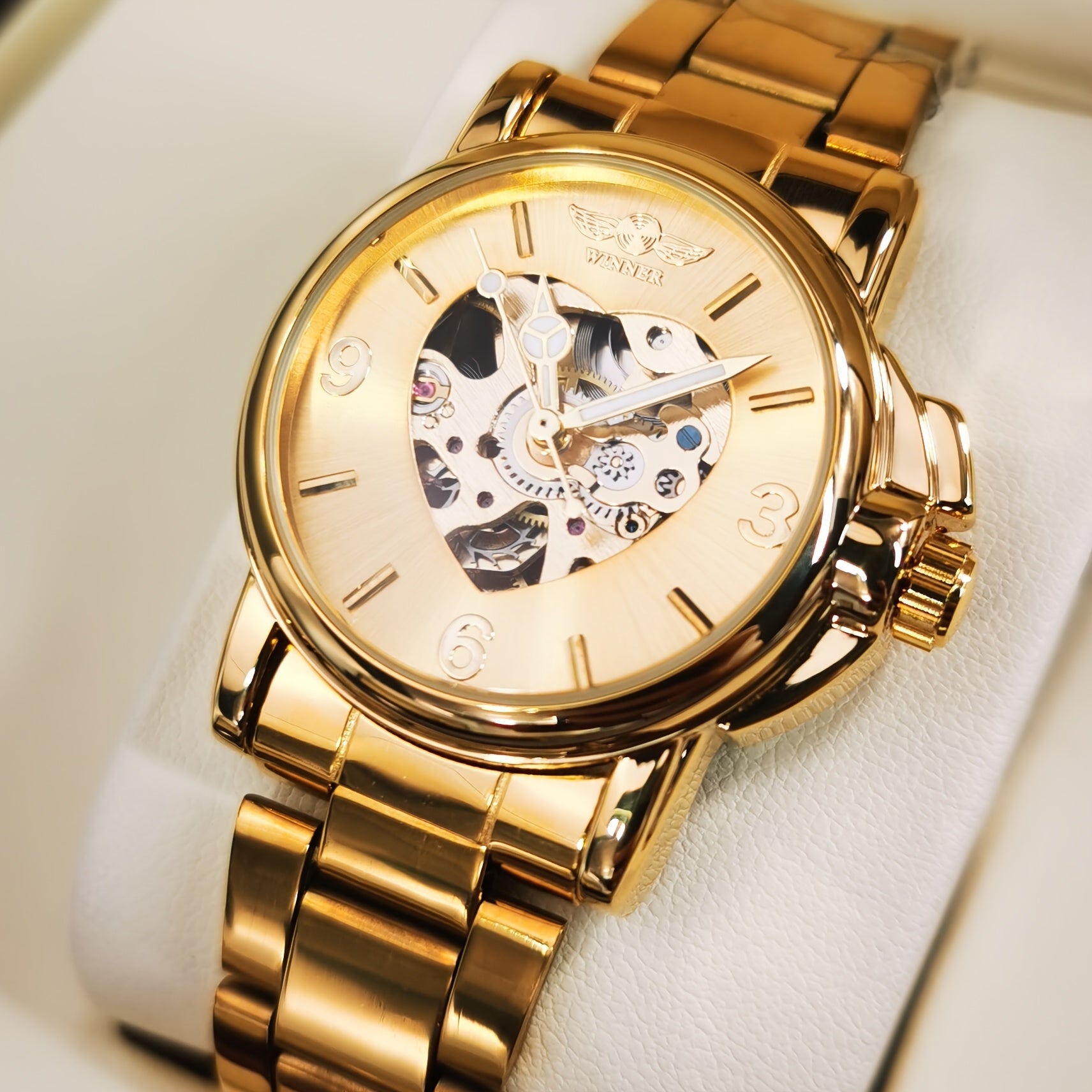 T-WINNER Women's Automatic Mechanical Watch – Luxury Gold Skeleton Dial, Luminous Hands, Stainless Steel Strap with Folding Safety Clasp