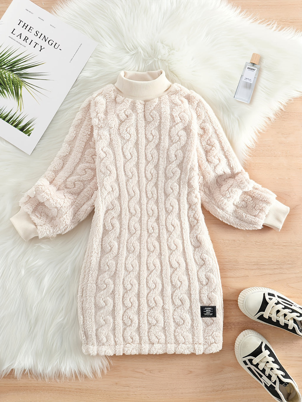 Girls' Mustard Yellow Fleece Cable Knit Dress - Long Sleeve Casual Fall/Winter, Machine Washable