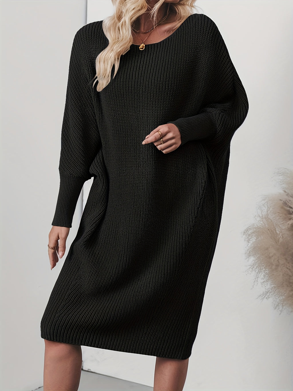 Plus Size Ribbed Button-Up Cardigan Sweater Dress for Women — Long Sleeve Casual Fall/Winter Black