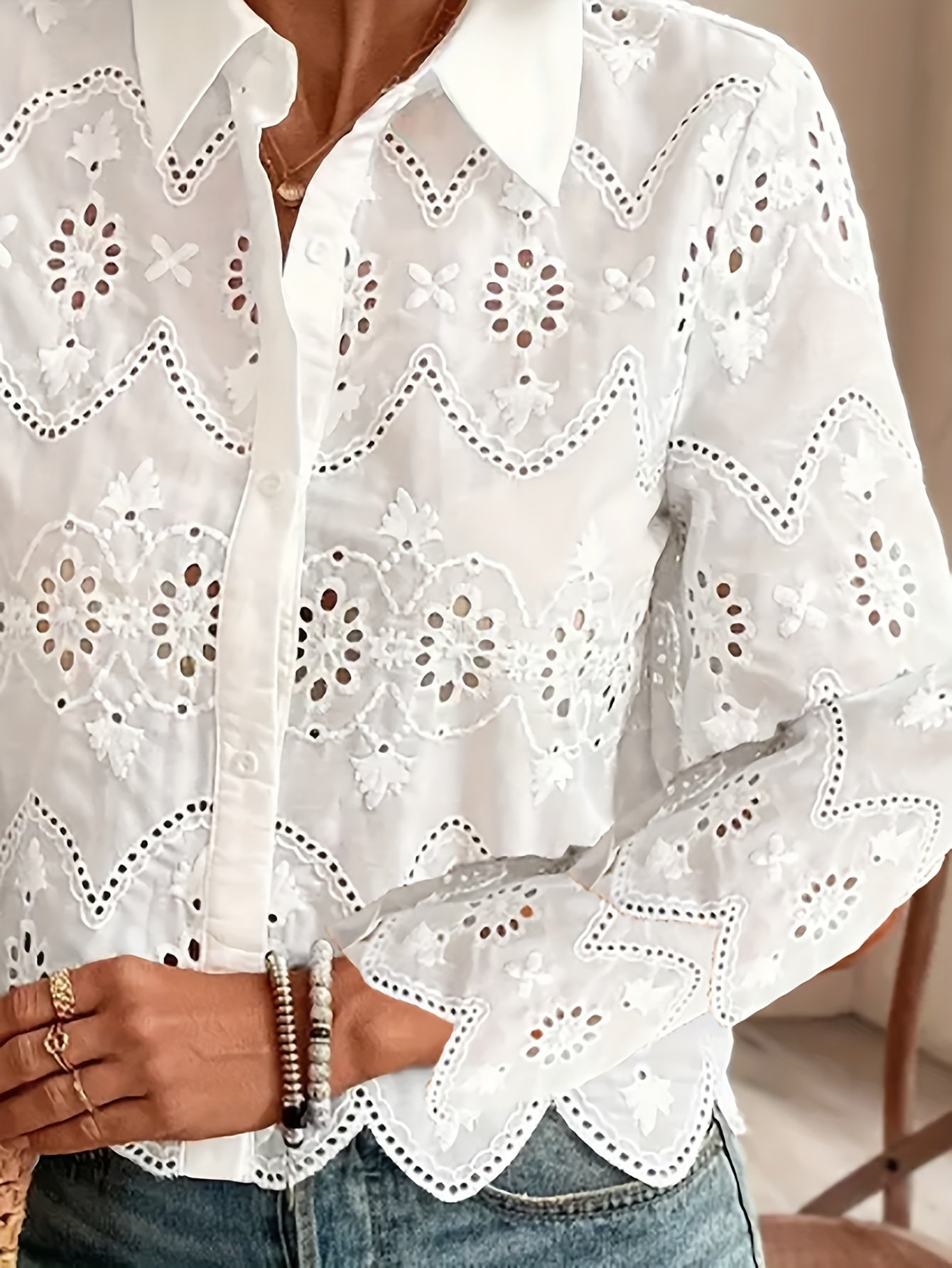 White Lace-Trim Floral Button-Up Blouse for Women – 100% Polyester, Semi-Sheer Lapel Collar, Casual Chic