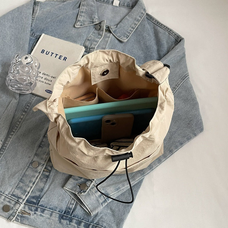 Women's Casual Crossbody Bucket Bag – Adjustable Strap & Drawstring Closure, Nylon-Style Minimalist Tote for Travel, Gym & Everyday (White, Black, Green, Dark Brown)