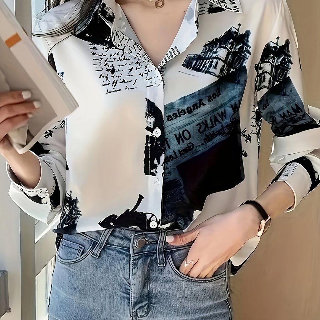 Women's Letter Print Button-Up Blouse - Long Sleeve Collared Polyester Shirt, Machine Washable