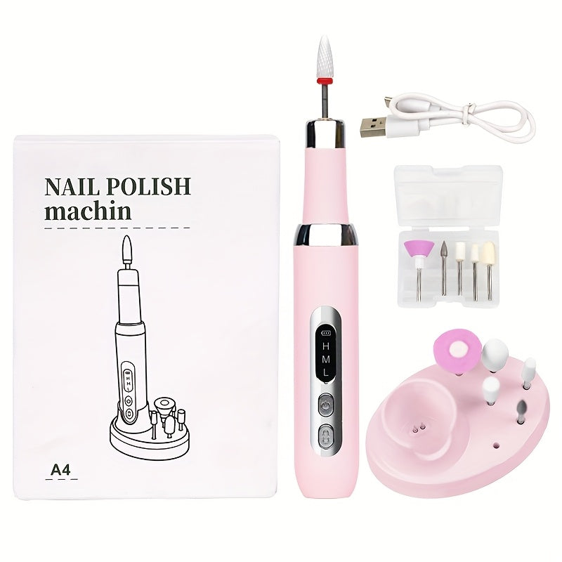 Cordless Electric Nail Drill Kit with Drill Bits & Sanding Bands, Rechargeable USB Manicure & Pedicure File for Acrylic Gel Nails (Bright Pink)