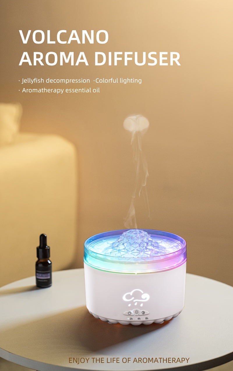 Volcano-Shaped Aromatherapy Diffuser — Colorful LED Jellyfish Design, 300 mL/h Mist, Remote & USB-Powered for Bedroom Office Living Room