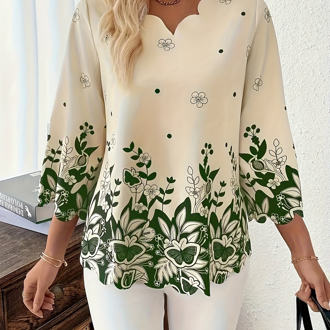 Elegant Floral Women's Short Sleeve Blouse - Black & White Dot Tunic with Collar, Machine Washable, Casual to Dressy