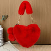 Faux Fur Heart-Shaped Crossbody Bag with Chain Strap – Solid Color Plush Women's Shoulder Bag with Zipper Closure