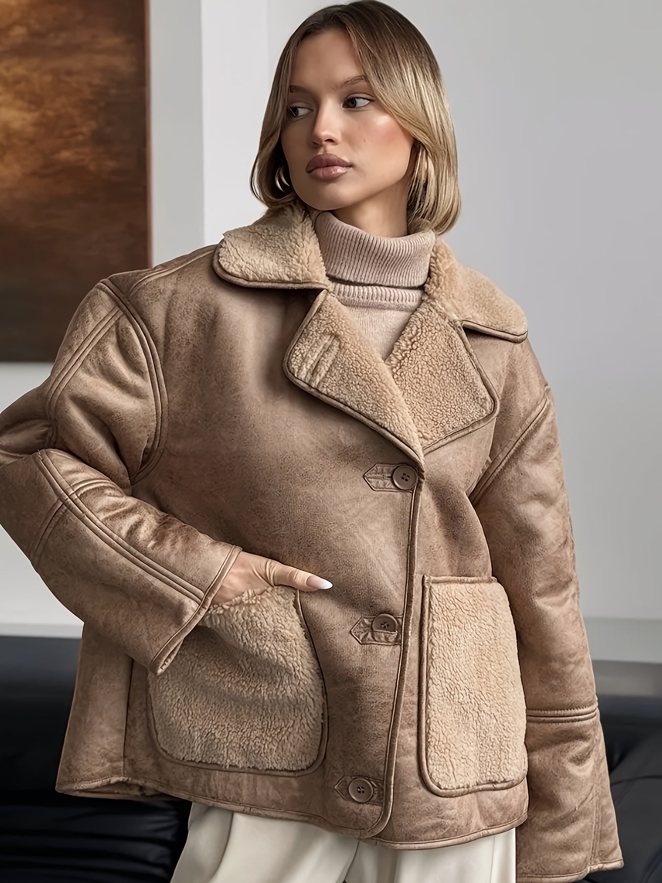Women’s Cream Faux Fur-Lined PU Leather Jacket — Thick Winter Coat with Turtleneck, Asymmetrical Hem & Side Pockets