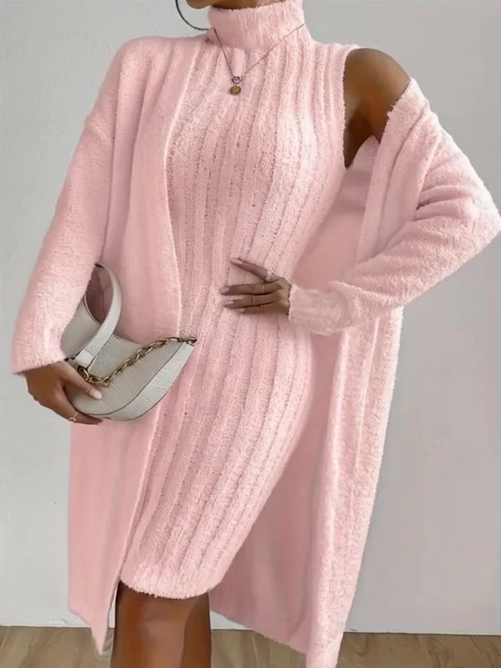 Plus Size Cozy Teddy Bear Sweater Dress & Strapless Cardigan Set - Red Ribbed Knit Two-Piece for Fall/Winter