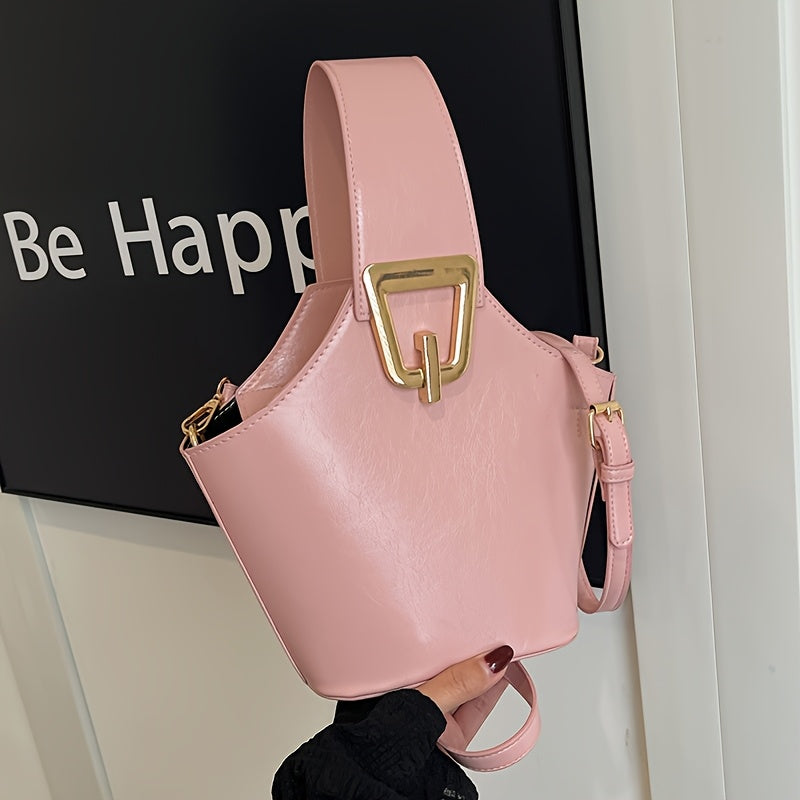 Elegant Women's PU Leather Bucket Crossbody Bag – Small Zippered Crossbody with Detachable Adjustable Strap & Gold-Tone Hardware