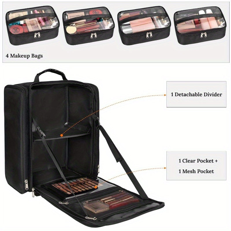 Extra-Large Makeup Artist Travel Backpack – Black Durable Polyester Cosmetic Organizer with 4 Removable Pouches & Multiple Compartments