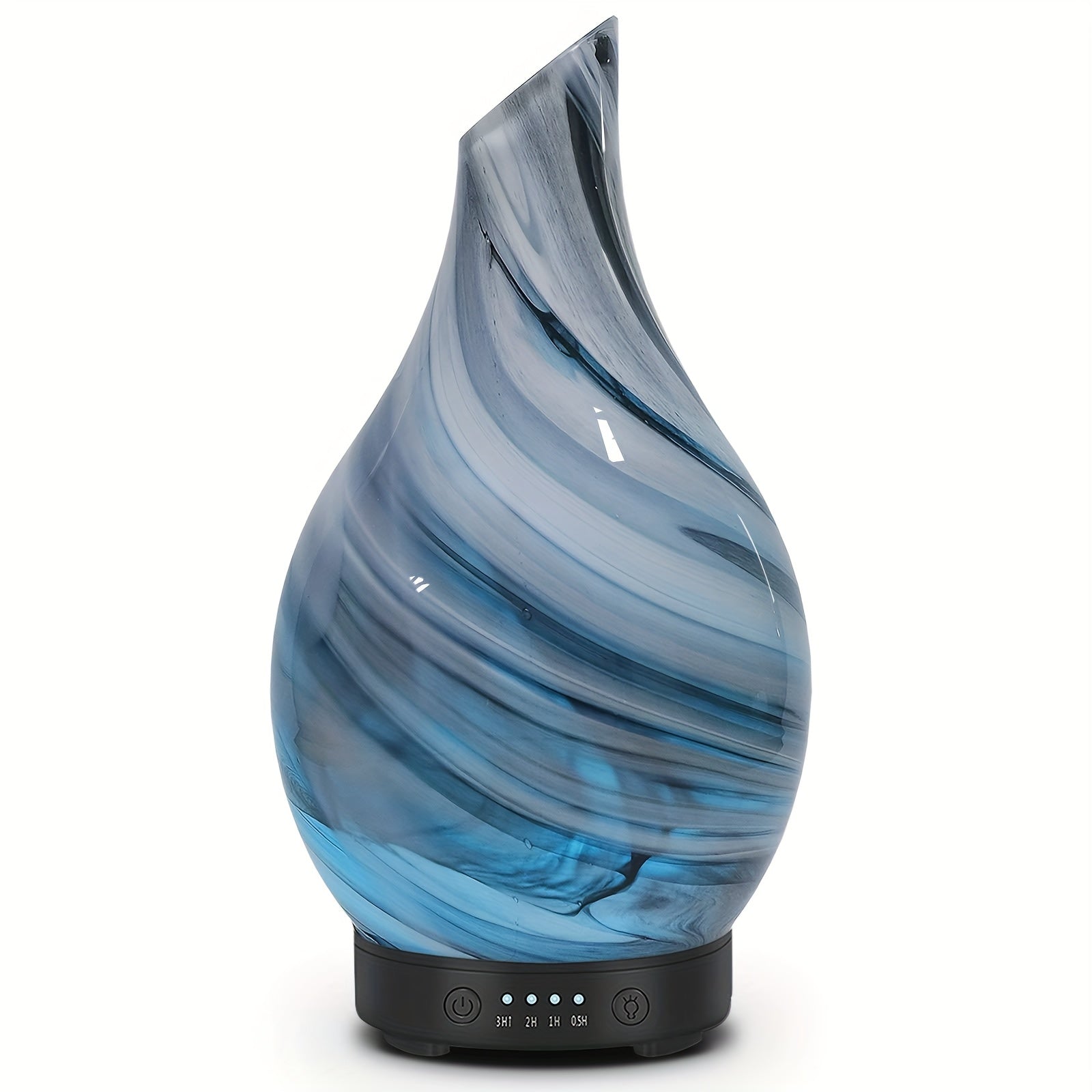 Handmade 4.06 oz (120 ml) Glass Essential Oil Diffuser — Soundwave Technology, 4 Timer Settings, 7-Color LED, USB Powered, Waterless Auto-Off, Blue & White Swirl