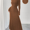 Ribbed Button V-Neck A-Line Long Sleeve Fit and Flare Dress for Women - Casual Fall/Winter