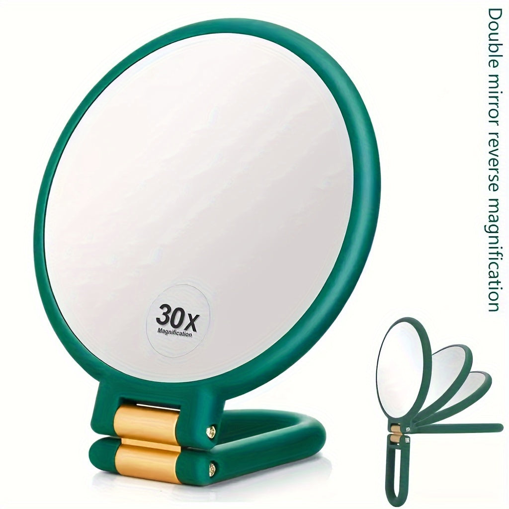 30X/1X Dual-Sided Magnifying Makeup Mirror, 360° Adjustable Stand, Portable Travel Mirror, Green Frame White Oval