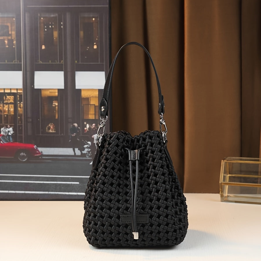 Women's Handwoven Mini Bucket Bag - Detachable Adjustable Shoulder Strap, Drawstring Closure, Durable Nylon Crossbody Purse, Black