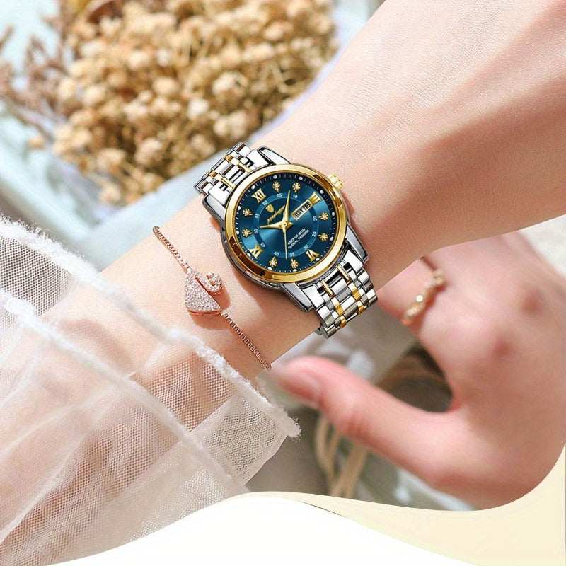POEDAGAR Women's Elegant Mechanical Watch - Round Dial, Gold-Tone Hands, Stainless Steel Bracelet, Dual Day & Month Display, Jewelry-Style Wristwatch for Everyday & Formal Wear