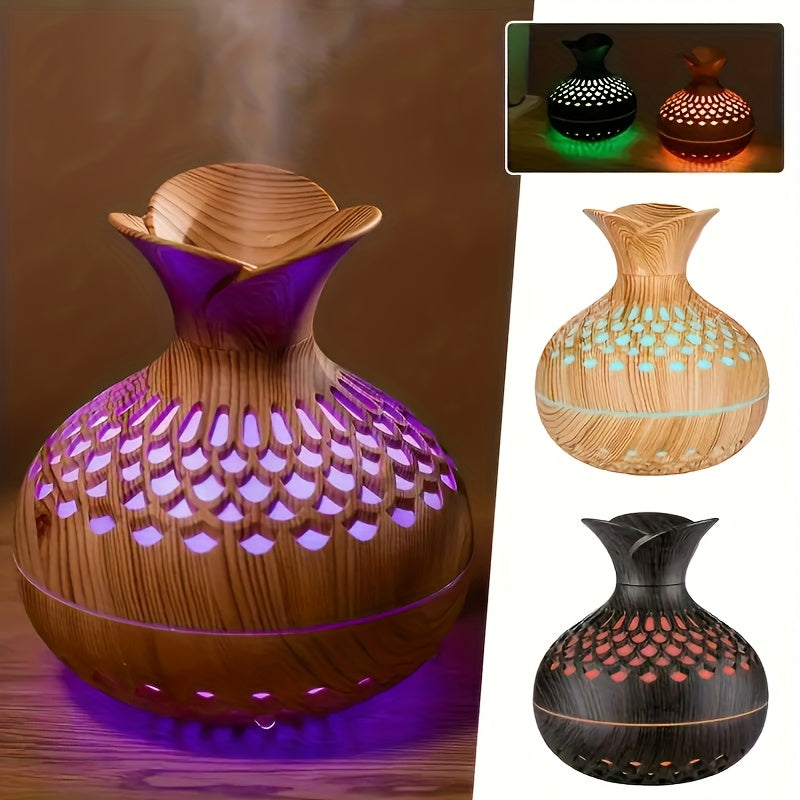 USB-Powered Wood Grain Flower Humidifier & Desk Lamp — Essential Oil Diffuser for Home & Office