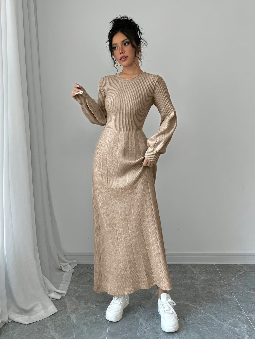 Beige Knit Sweater Dress with Lantern Sleeves, Long High-Neck Ribbed Fall Winter Dress for Women