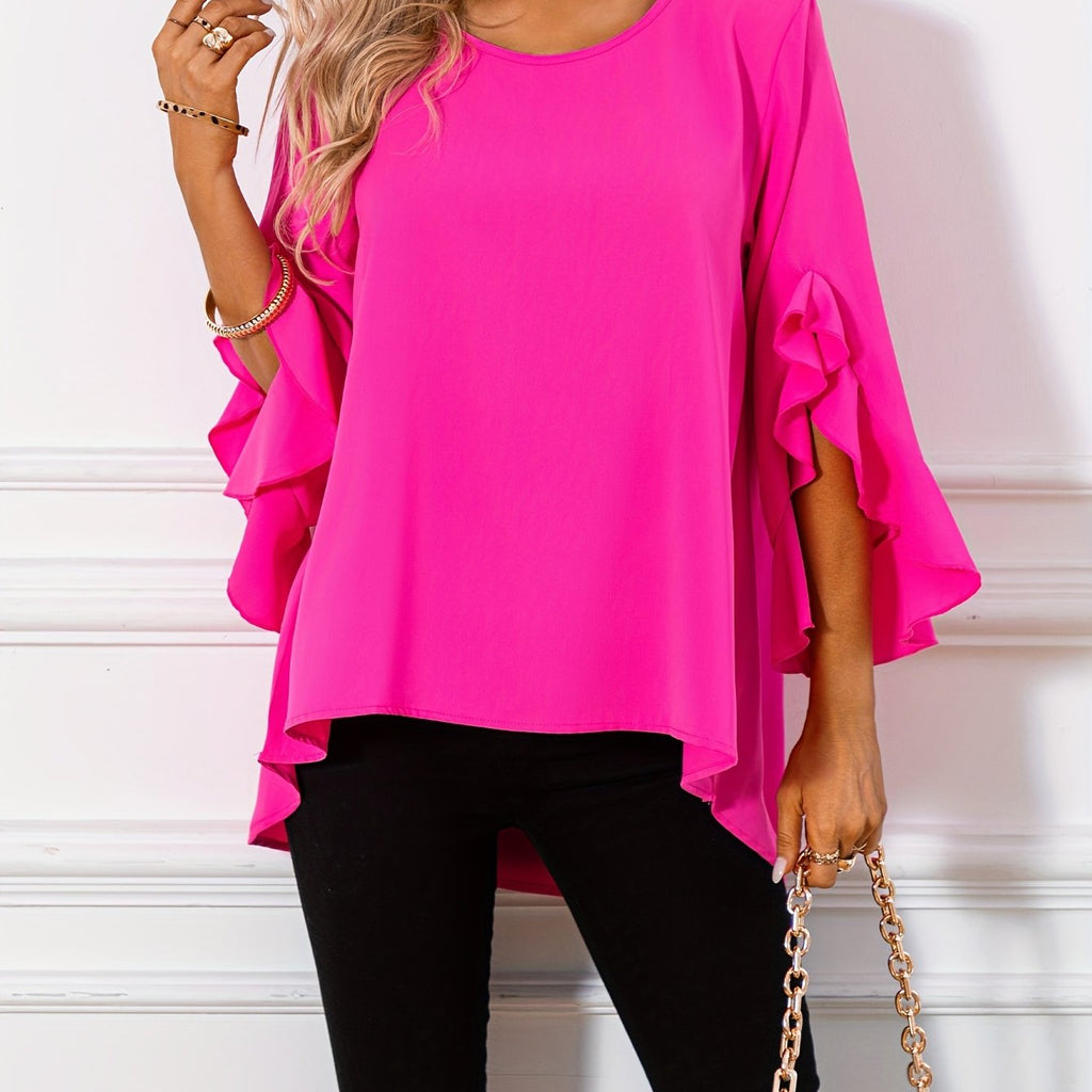 Women's Solid Crew Neck Ruffle Sleeve Blouse – Elegant Spring & Summer Woven Top