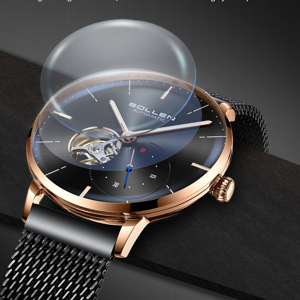 SOLLEN Automatic Mechanical Unisex Watch – Stainless Steel Round Case, Black Dial, Luminous Hands, Business Casual