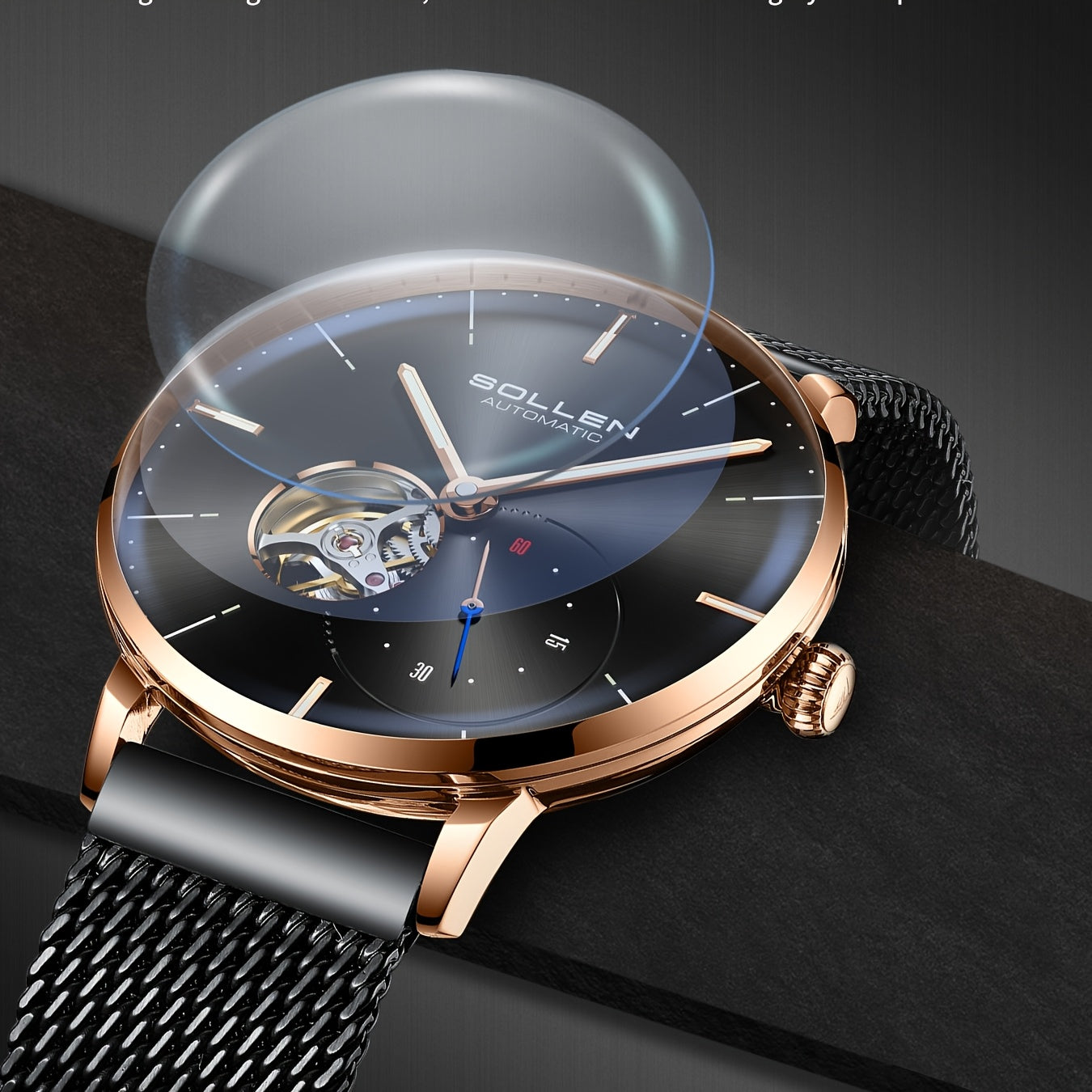 SOLLEN Automatic Mechanical Unisex Watch – Stainless Steel Round Case, Black Dial, Luminous Hands, Business Casual