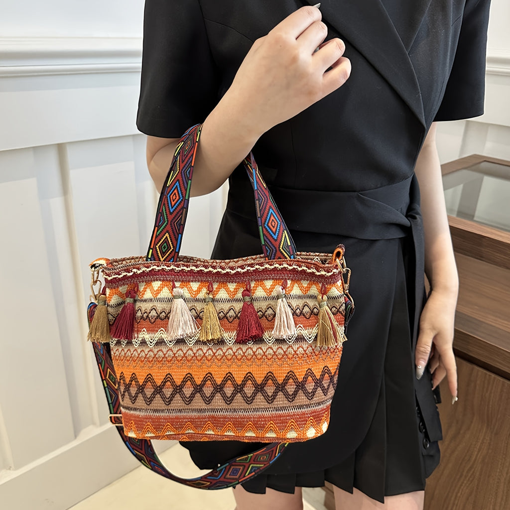 Boho Woven Fringe Bucket Bag – Geometric Embroidery, Adjustable Wide Strap, Lightweight Polyester Tote for Women