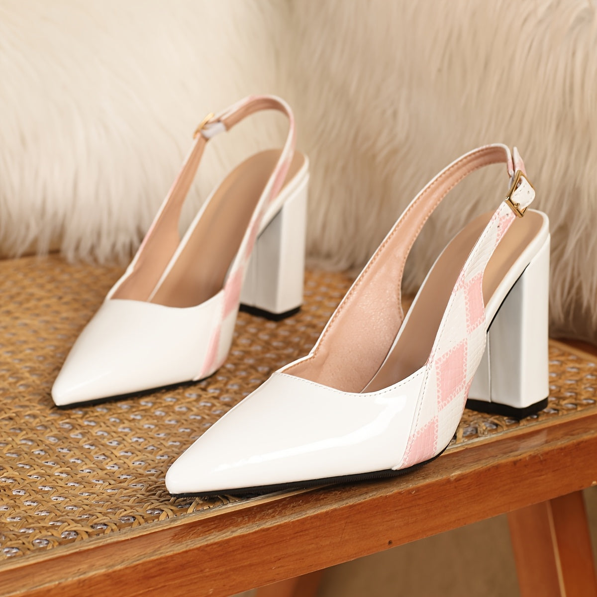 Women's Pointed-Toe Open-Back Block Heel Pumps – Elegant Strappy Slip-On High Heels