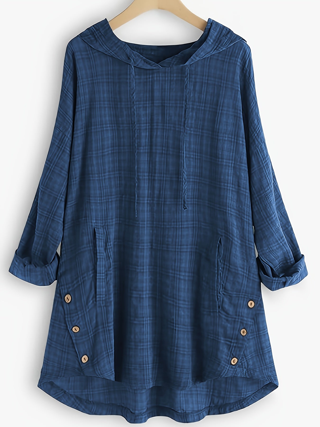 Women's Asymmetrical Plaid Hooded Shirt – Long-Sleeve Drawstring Waist-Tie Casual Blouse