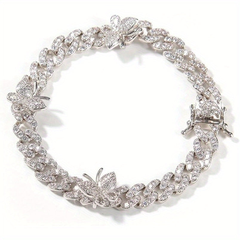 925 Sterling Silver Cuban Link Bracelet 18K Gold Plated with Butterfly Pendants & Lab Moissanite Accents – Elegant Gift for Valentine’s Day & Parties