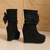 Women's Black Platform Wedge Ankle Boots — Faux Fur Lined, Slip-Resistant Round Toe with Bow Accent