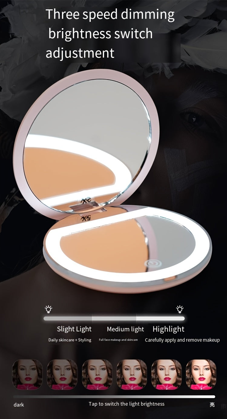 LED Travel Makeup Mirror - Lighted Double-Sided Compact with 2X & 5X Magnification, USB Rechargeable Foldable Handheld for Purse & Pocket