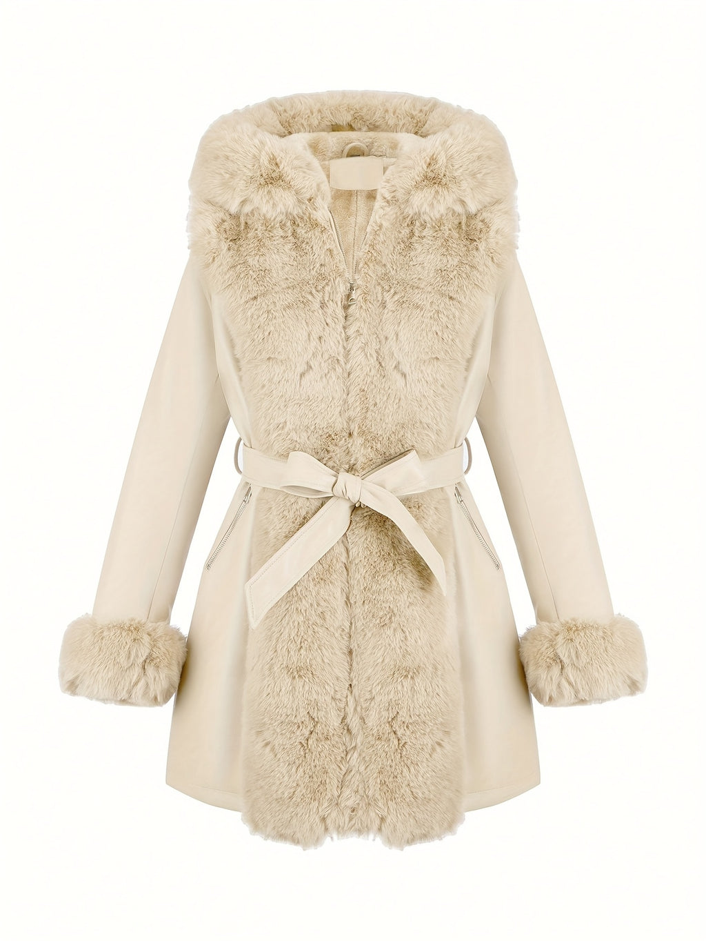 Women's Faux Fur-Trim PU Leather Hooded Coat with Belt - Warm Black Fall/Winter Jacket